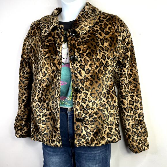 Luii Faux Fur Leopard Animal Print Classic Fall peplum jacket coat Brown Black S - Picture 15 of 15